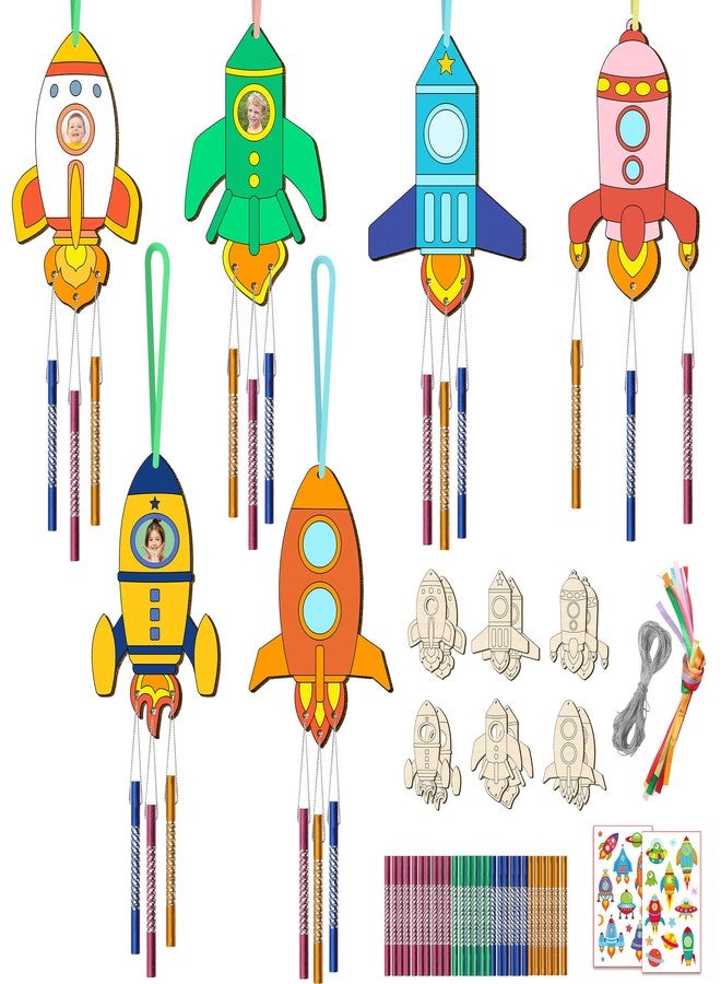 TREACLUB 12PCS Rocket Wind Chime Kit for Kids Make Your Own Space Wooden Wind Chime DIY Coloring Wood Crafts Outer Space Crafts Ornaments for Boys Girls School Activities Party Decoration - Image 1